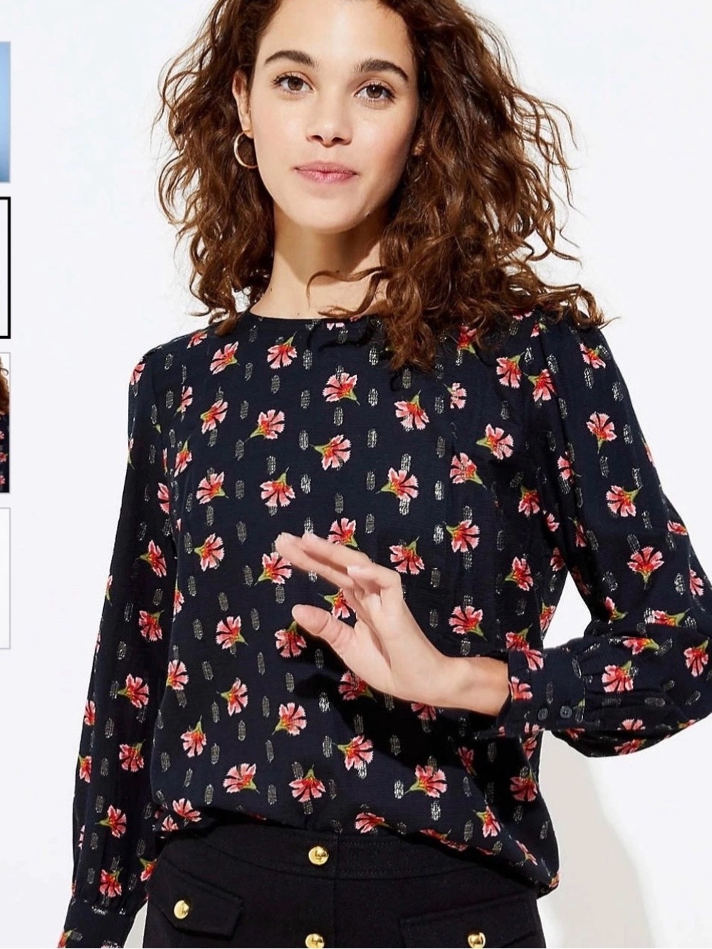 LOFT Black Blouse with Pink Floral Print Sz L